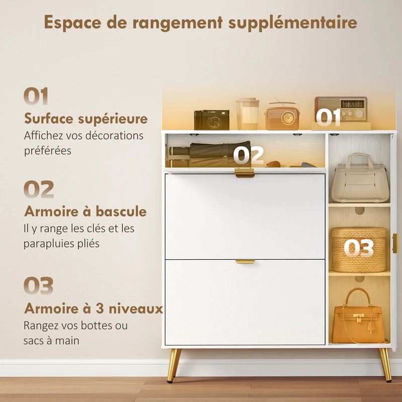Meuble à chaussures mince 99,4 x 23,8 x 106,6 cm rangement 12 paires tiroirs rabattables style contemporain en MDF blanc 21_0002812