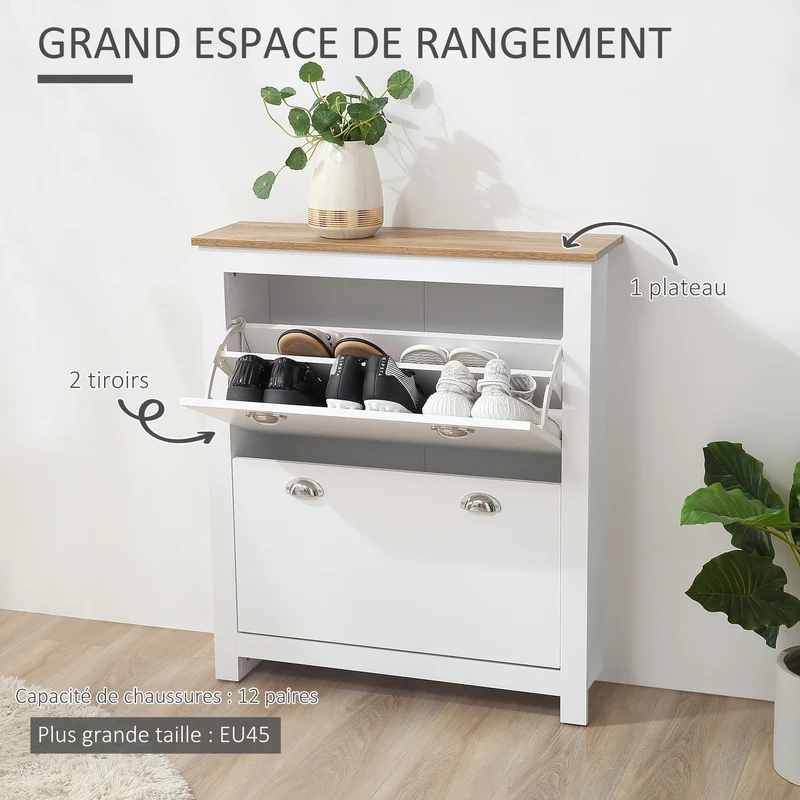 Meuble à chaussures entrée 79 x 23 x 90,5 cm rangement modulable sécurité anti-basculement contemporain en MDF blanc 21_0002630