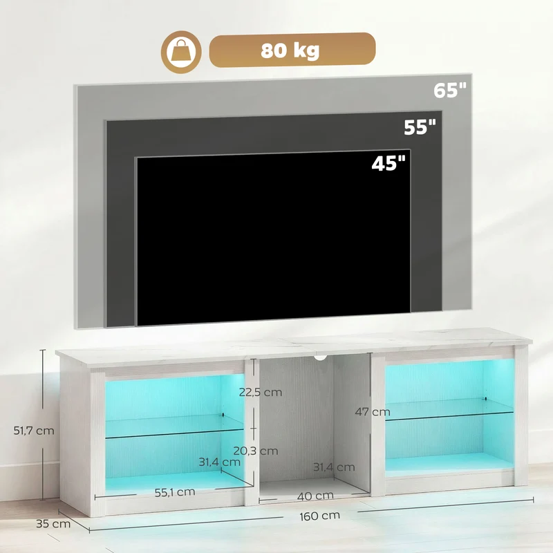 Meuble télé salon 160 x 35 x 51,7 cm éclairage led rangements modulables style moderne en panneau de particules blanc 21_0003440