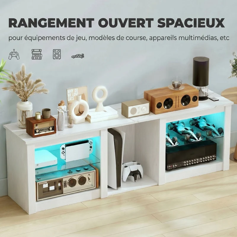Meuble télé salon 160 x 35 x 51,7 cm éclairage led rangements modulables style moderne en panneau de particules blanc 21_0003440