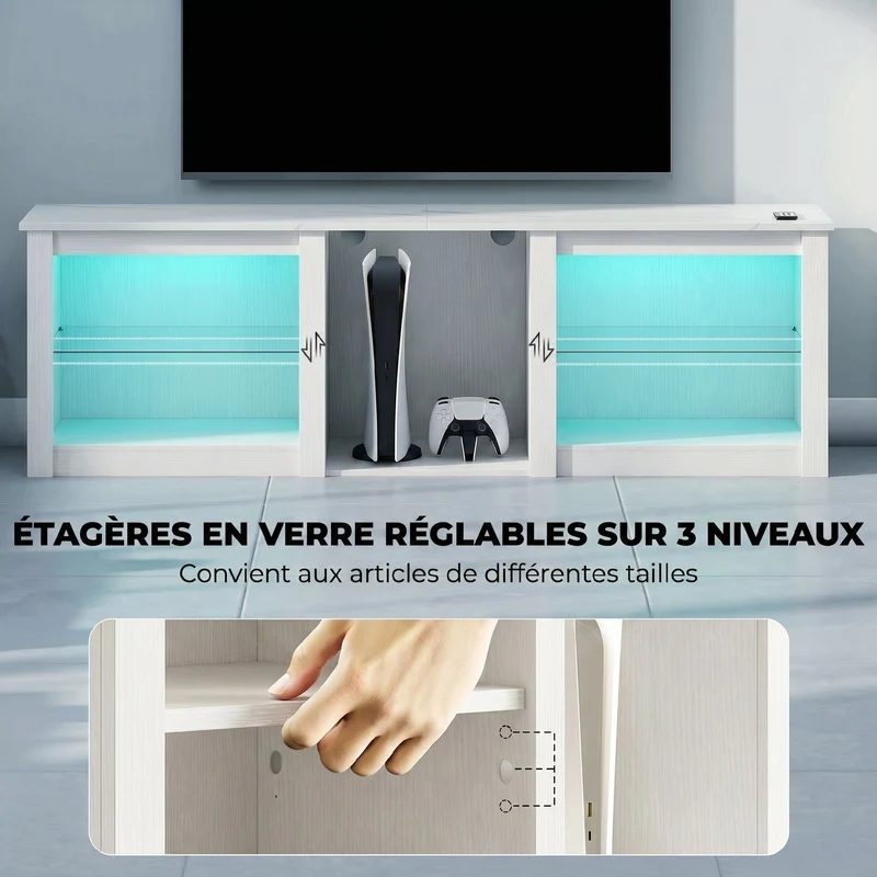 Meuble télé salon 160 x 35 x 51,7 cm éclairage led rangements modulables style moderne en panneau de particules blanc 21_0003440