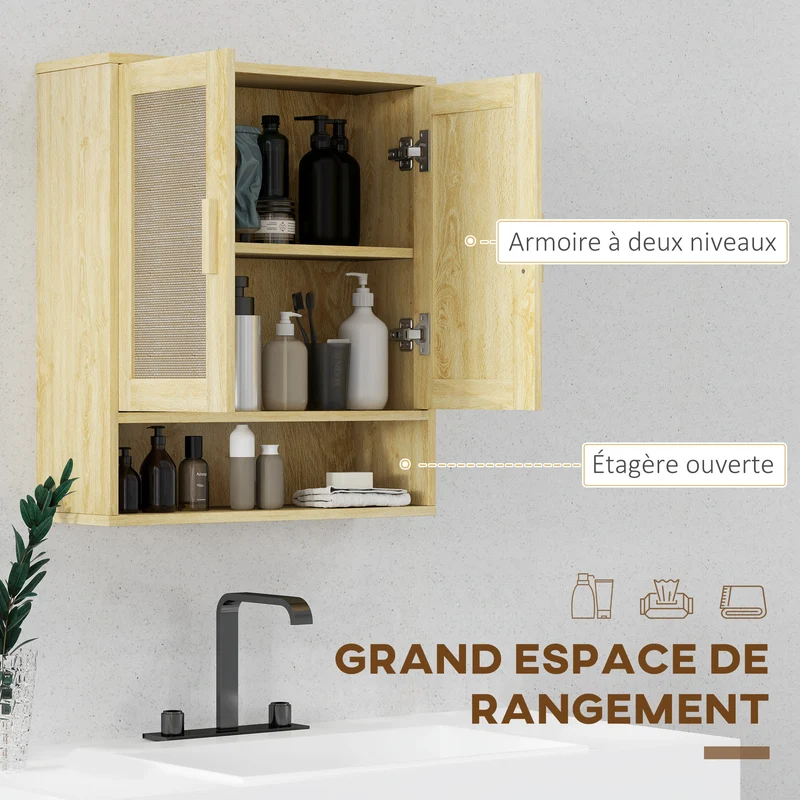Meuble mural salle de bain 59 x 20 x 66,5 cm gain de place étagère réglable rustique en panneau de particules chêne 21_0002725