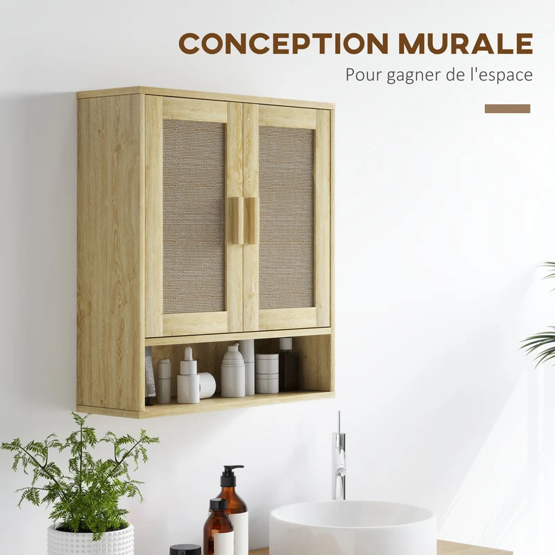 Meuble mural salle de bain 59 x 20 x 66,5 cm gain de place étagère réglable rustique en panneau de particules chêne 21_0002725