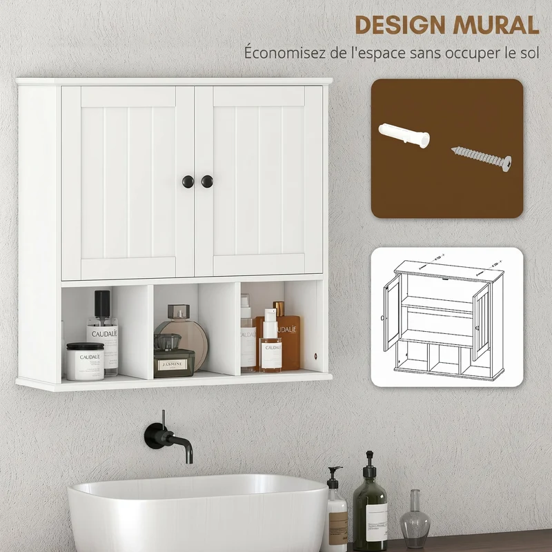 Meuble mural de salle de bain 60 x 19,5 x 60 cm rangement modulable gain de place style rustique classique en MDF blanc 21_0002785