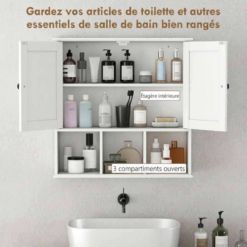 Meuble mural de salle de bain 60 x 19,5 x 60 cm rangement modulable gain de place style rustique classique en MDF blanc 21_0002785