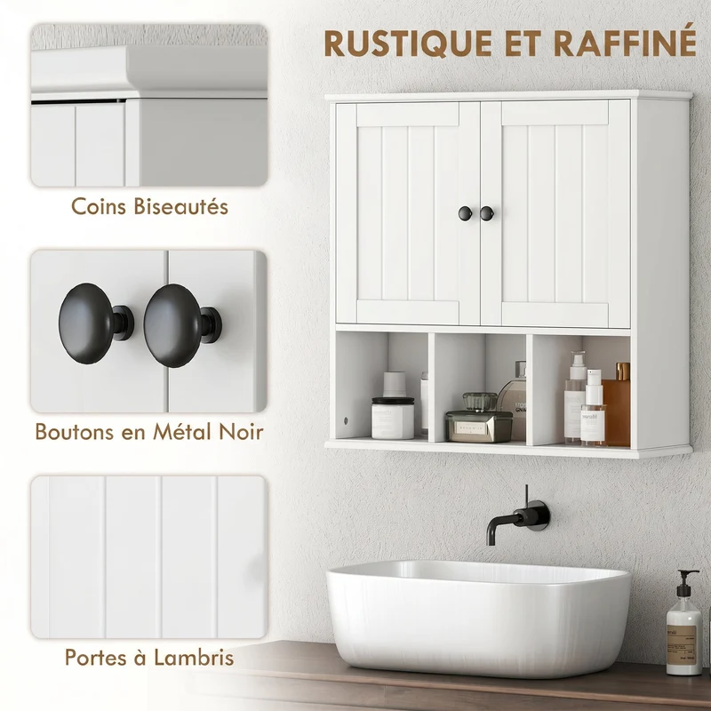 Meuble mural de salle de bain 60 x 19,5 x 60 cm rangement modulable gain de place style rustique classique en MDF blanc 21_0002785