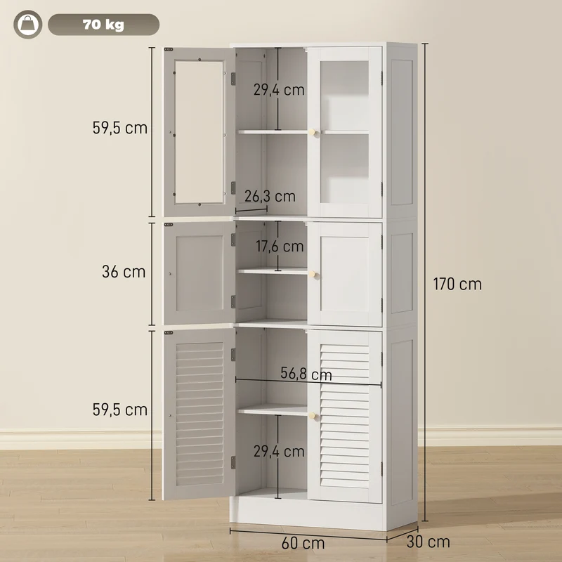 Meuble de salle de bain haut 60 x 30 x 170 cm rangement optimisé étagères réglables style moderne épuré en MDF blanc 21_0002115