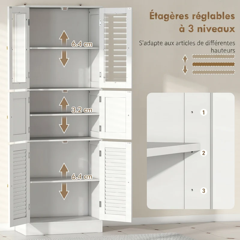 Meuble de salle de bain haut 60 x 30 x 170 cm rangement optimisé étagères réglables style moderne épuré en MDF blanc 21_0002115