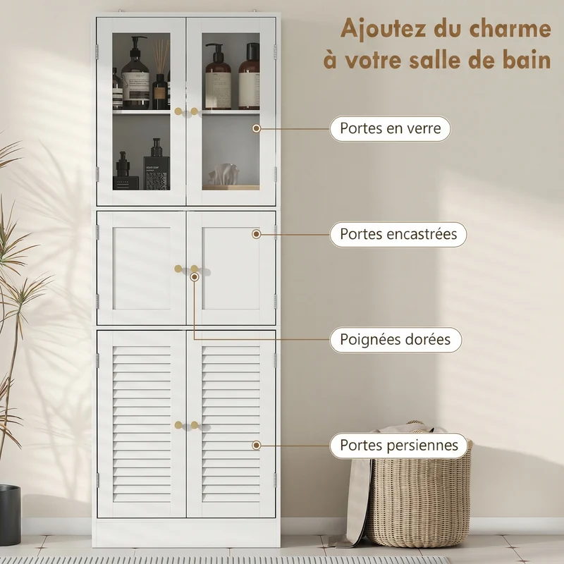 Meuble de salle de bain haut 60 x 30 x 170 cm rangement optimisé étagères réglables style moderne épuré en MDF blanc 21_0002115