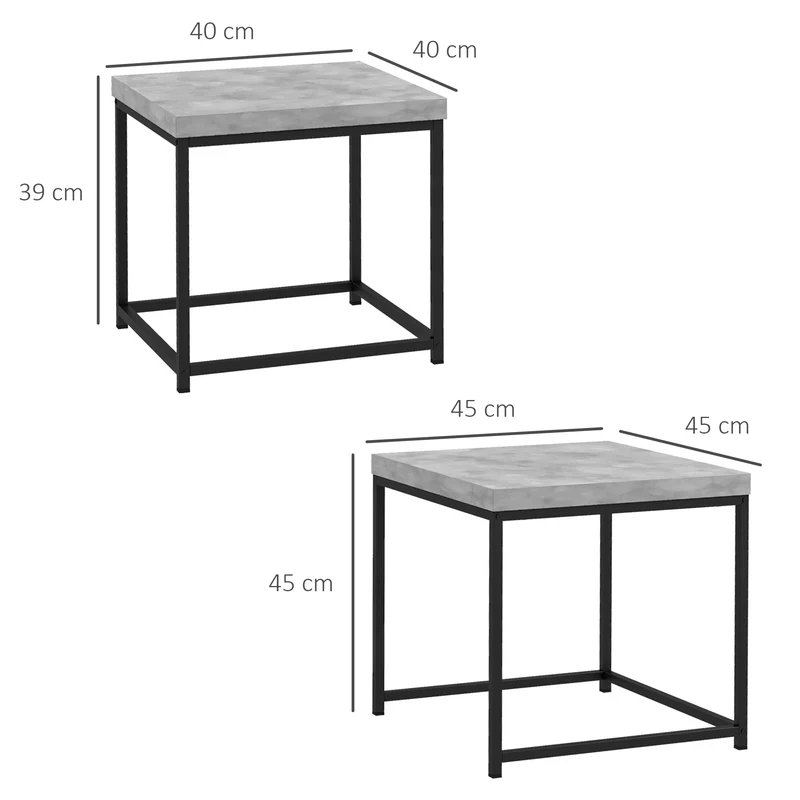 Lot de 2 tables gigognes encastrables 45 x 45 x 45 cm et 40 x 40 x 39 cm multifonction moderne élégant en acier gris 21_0003158