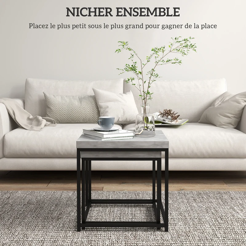 Lot de 2 tables gigognes encastrables 45 x 45 x 45 cm et 40 x 40 x 39 cm multifonction moderne élégant en acier gris 21_0003158