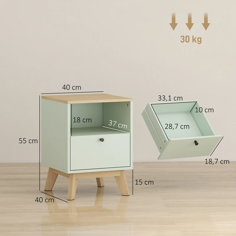 Lot de 2 tables de chevet 40 x 40 x 55 cm tiroir et étagère ouverte plateau effet chêne moderne scandinave en MDF vert 21_0003791