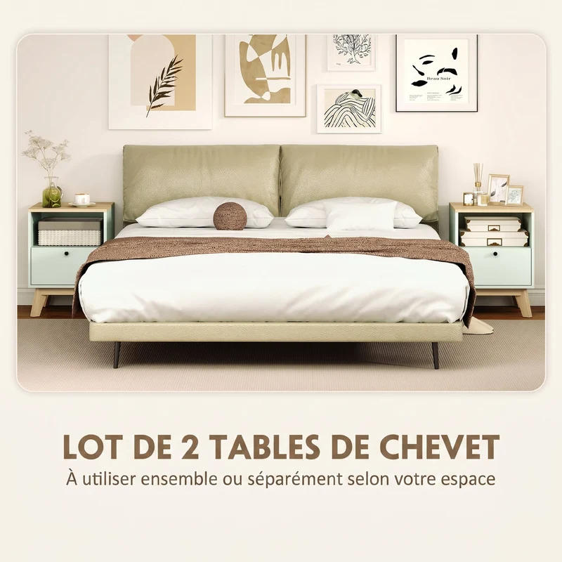 Lot de 2 tables de chevet 40 x 40 x 55 cm tiroir et étagère ouverte plateau effet chêne moderne scandinave en MDF vert 21_0003791