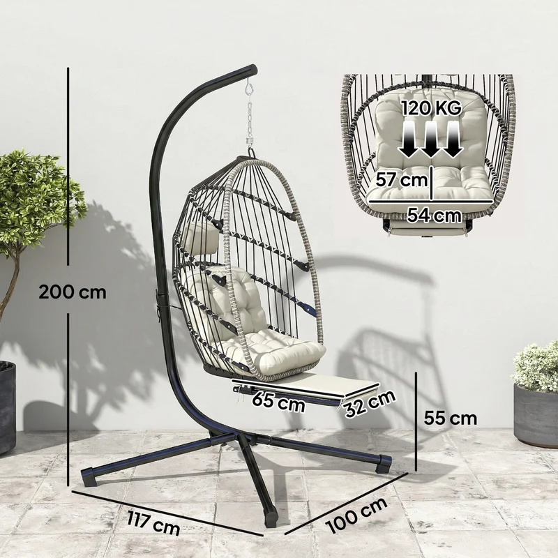 Fauteuil suspendu œuf 100 x 117 x 200 cm repose-pieds rétractable coussin épais scandinave en acier galvanisé gris clair 21_0004537