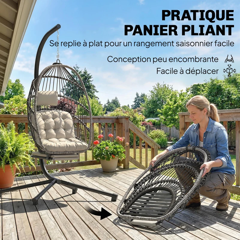 Fauteuil suspendu œuf 100 x 117 x 200 cm repose-pieds rétractable coussin épais scandinave en acier galvanisé gris clair 21_0004537