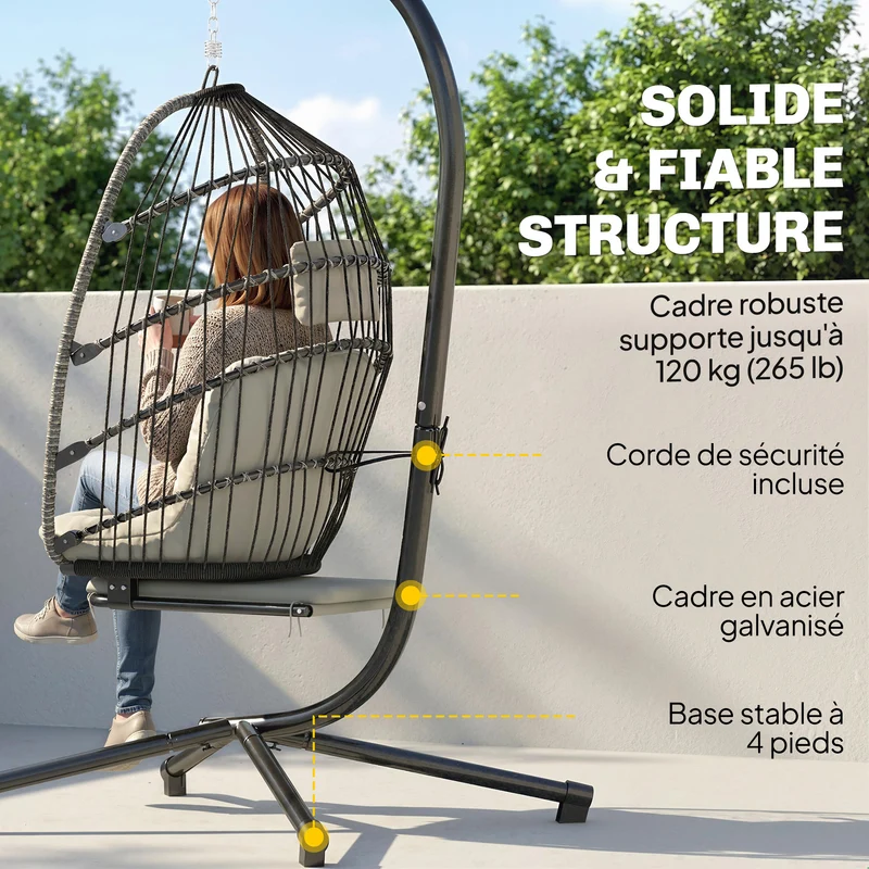 Fauteuil suspendu œuf 100 x 117 x 200 cm repose-pieds rétractable coussin épais scandinave en acier galvanisé gris clair 21_0004537