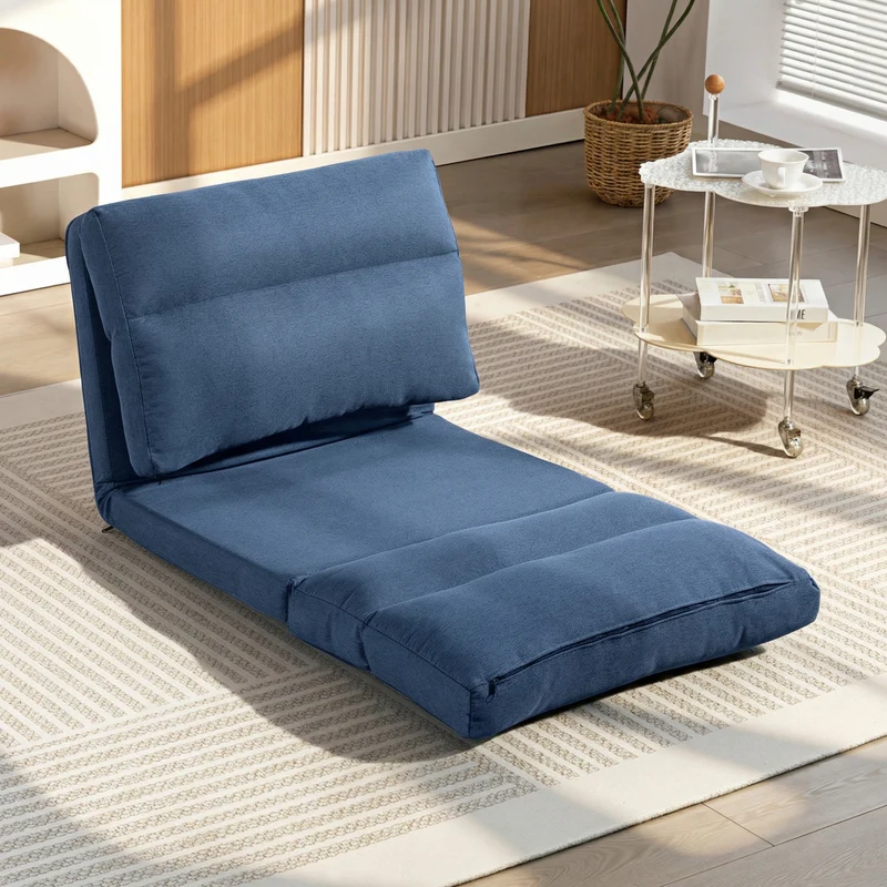 Fauteuil de sol convertible 70 x 72 x 56 cm dossier 5 positions confort mousse épuré contemporain en tissu bleu foncé 21_0003177