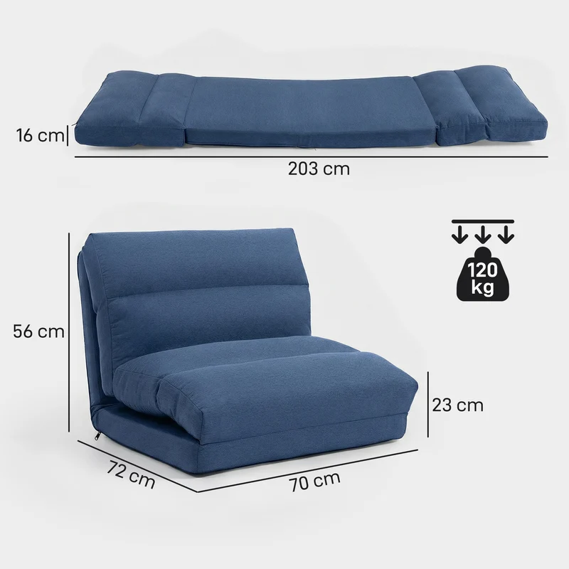 Fauteuil de sol convertible 70 x 72 x 56 cm dossier 5 positions confort mousse épuré contemporain en tissu bleu foncé 21_0003177
