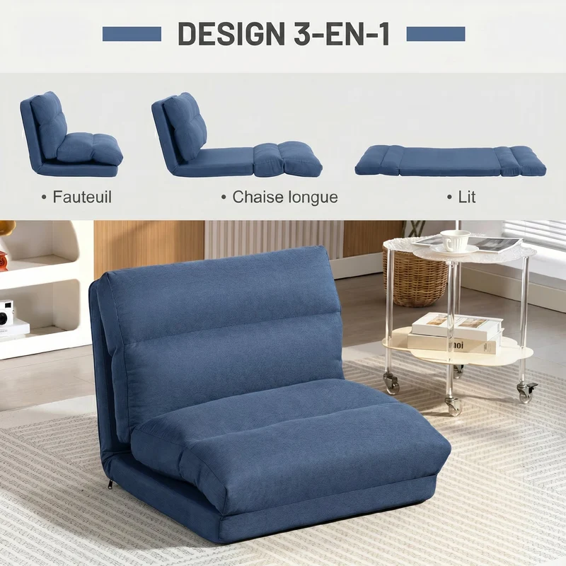 Fauteuil de sol convertible 70 x 72 x 56 cm dossier 5 positions confort mousse épuré contemporain en tissu bleu foncé 21_0003177