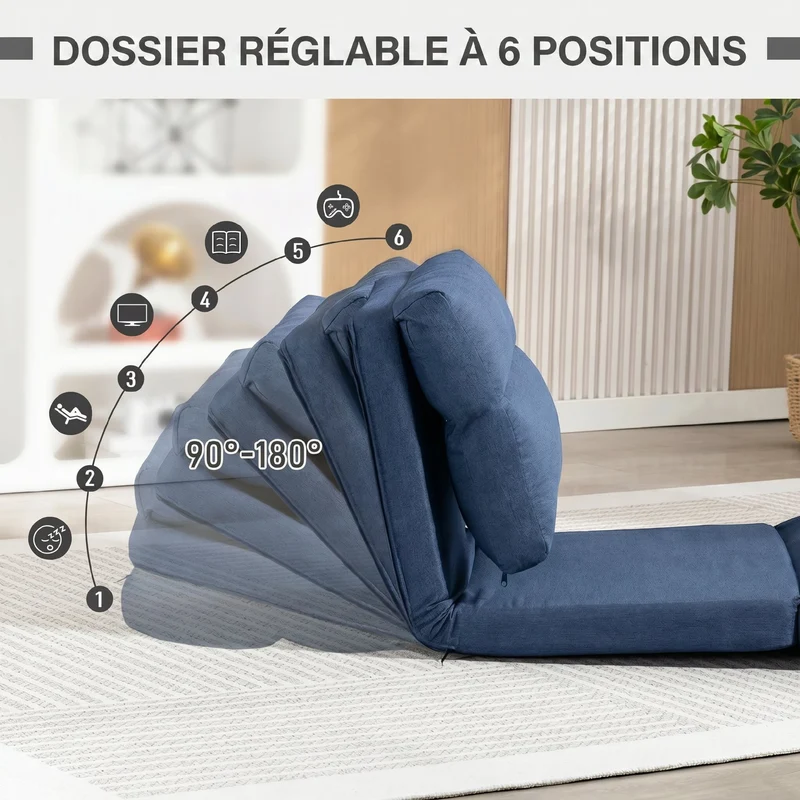 Fauteuil de sol convertible 70 x 72 x 56 cm dossier 5 positions confort mousse épuré contemporain en tissu bleu foncé 21_0003177