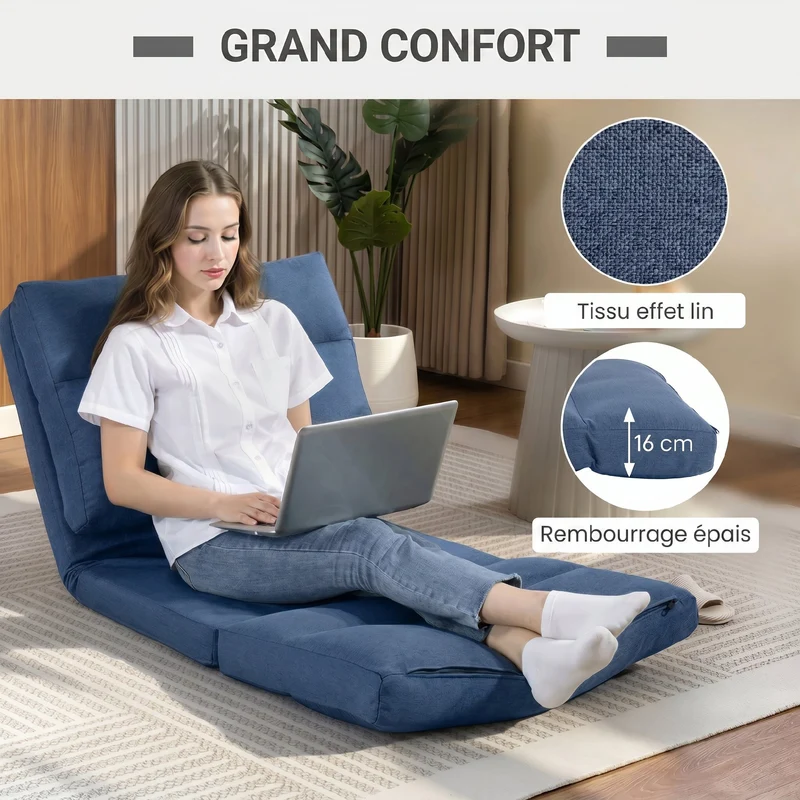 Fauteuil de sol convertible 70 x 72 x 56 cm dossier 5 positions confort mousse épuré contemporain en tissu bleu foncé 21_0003177