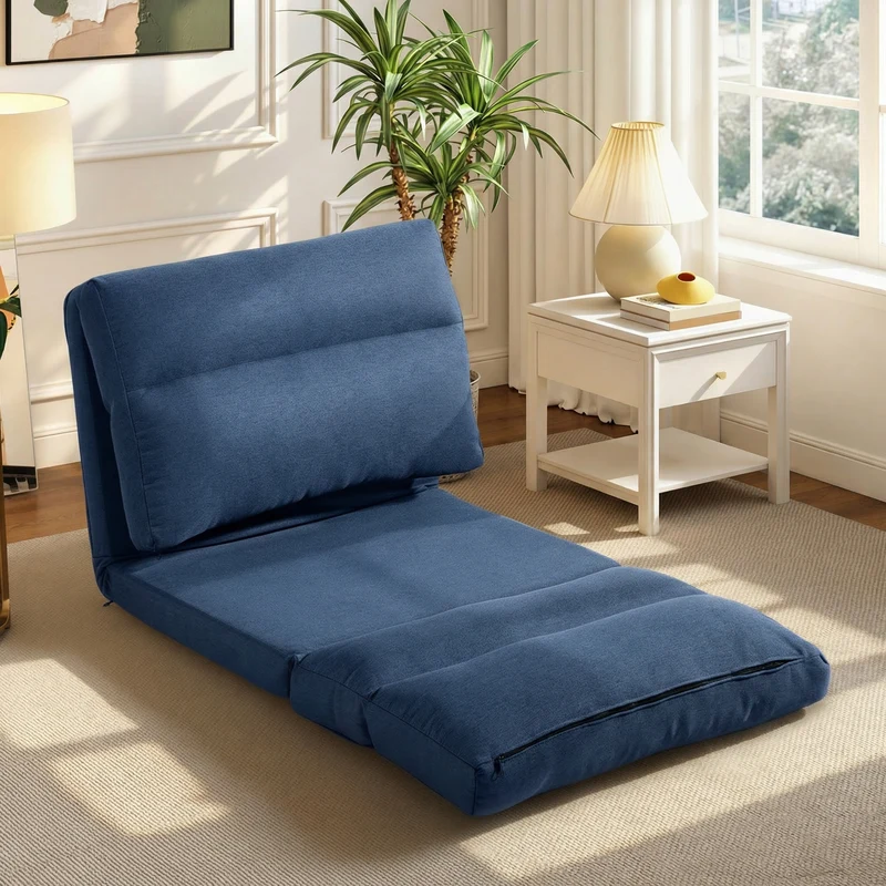 Fauteuil de sol convertible 70 x 72 x 56 cm dossier 5 positions confort mousse épuré contemporain en tissu bleu foncé 21_0003177