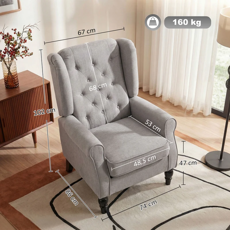 Fauteuil de salon à oreilles capitonné 74 x 86 x 102 cm assise large grand confort style classique en polyester gris 21_0001764