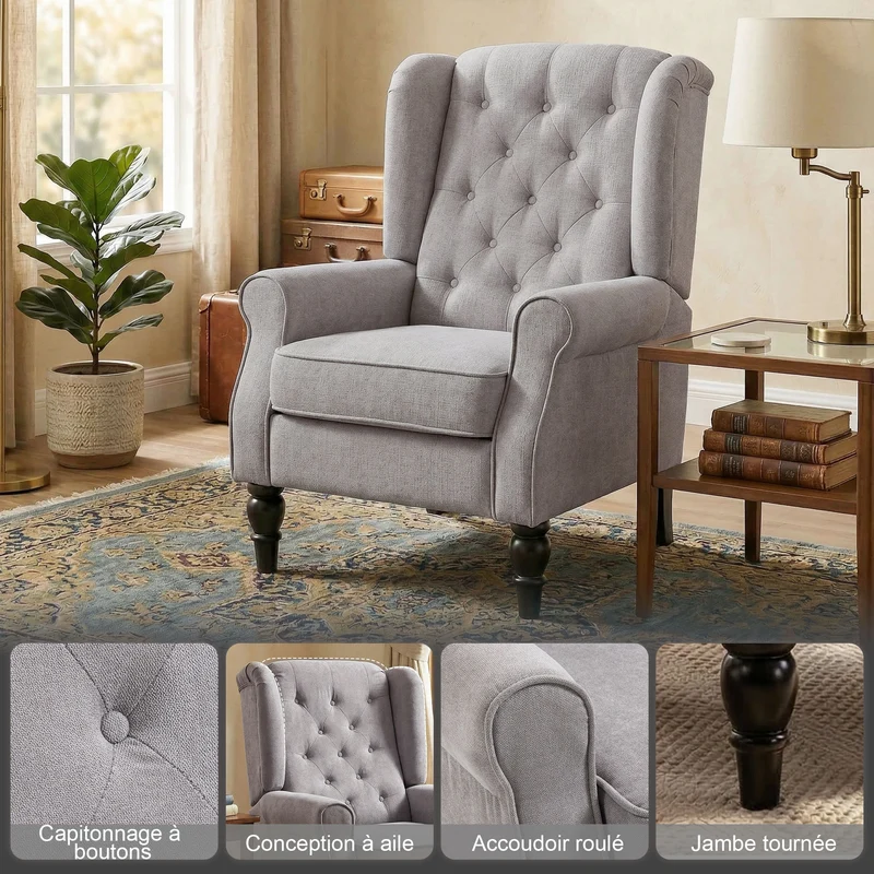 Fauteuil de salon à oreilles capitonné 74 x 86 x 102 cm assise large grand confort style classique en polyester gris 21_0001764