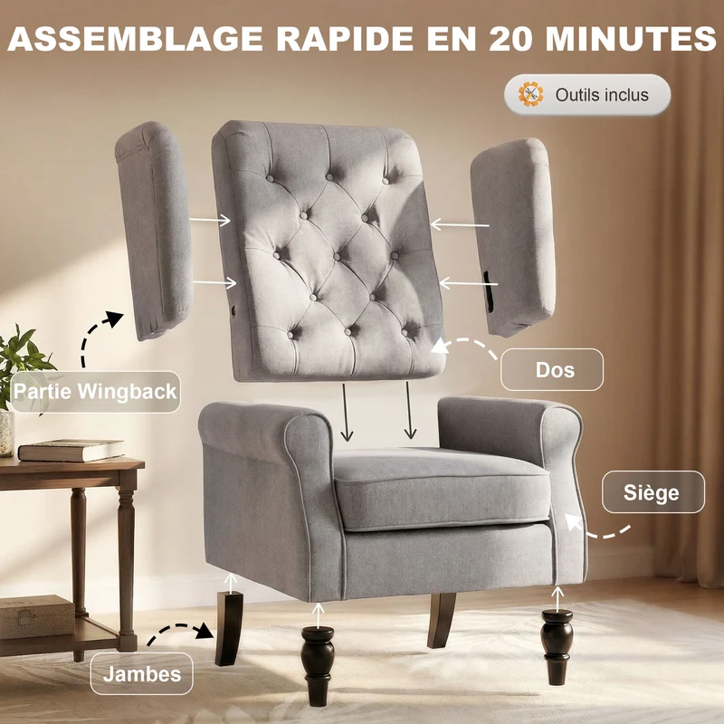 Fauteuil de salon à oreilles capitonné 74 x 86 x 102 cm assise large grand confort style classique en polyester gris 21_0001764