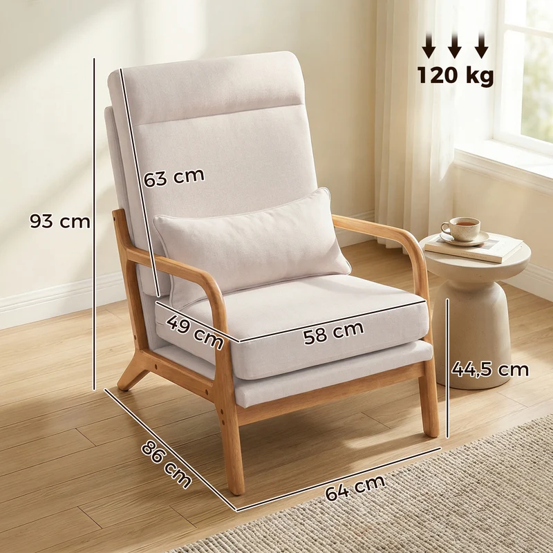 Fauteuil de salon d'appoint rembourré dossier haut soutien lombaire 64 x 86 x 93 cm assise large moderne en tissu crème 21_0003670