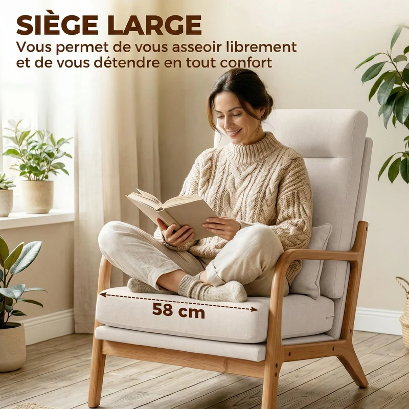 Fauteuil de salon d'appoint rembourré dossier haut soutien lombaire 64 x 86 x 93 cm assise large moderne en tissu crème 21_0003670