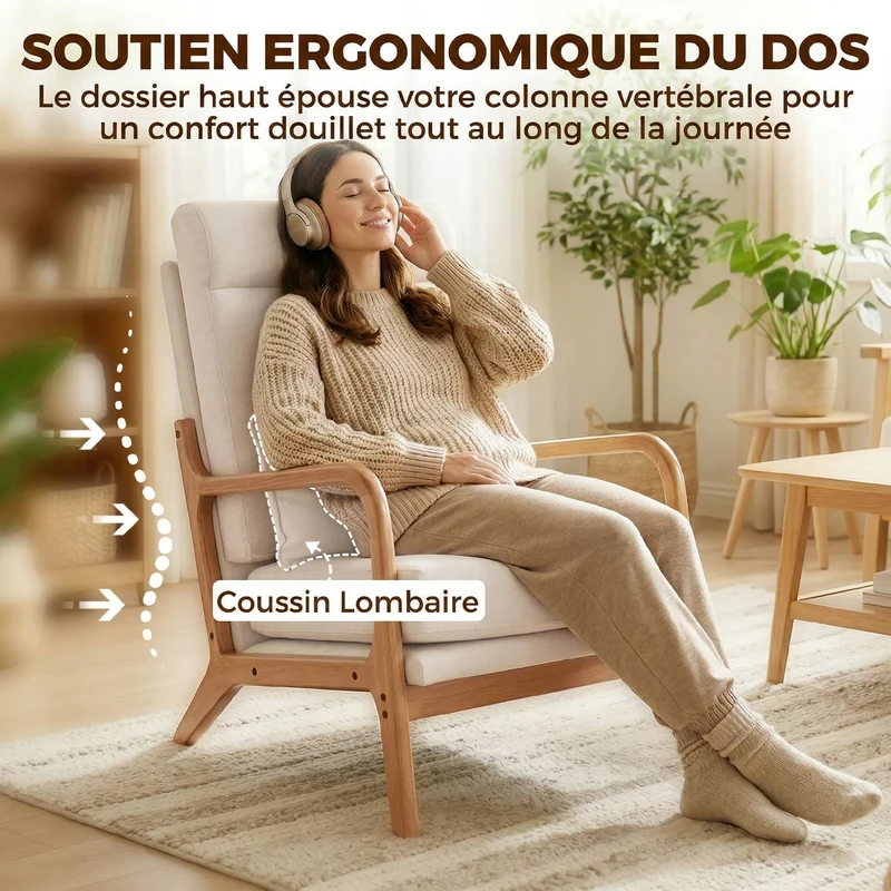 Fauteuil de salon d'appoint rembourré dossier haut soutien lombaire 64 x 86 x 93 cm assise large moderne en tissu crème 21_0003670