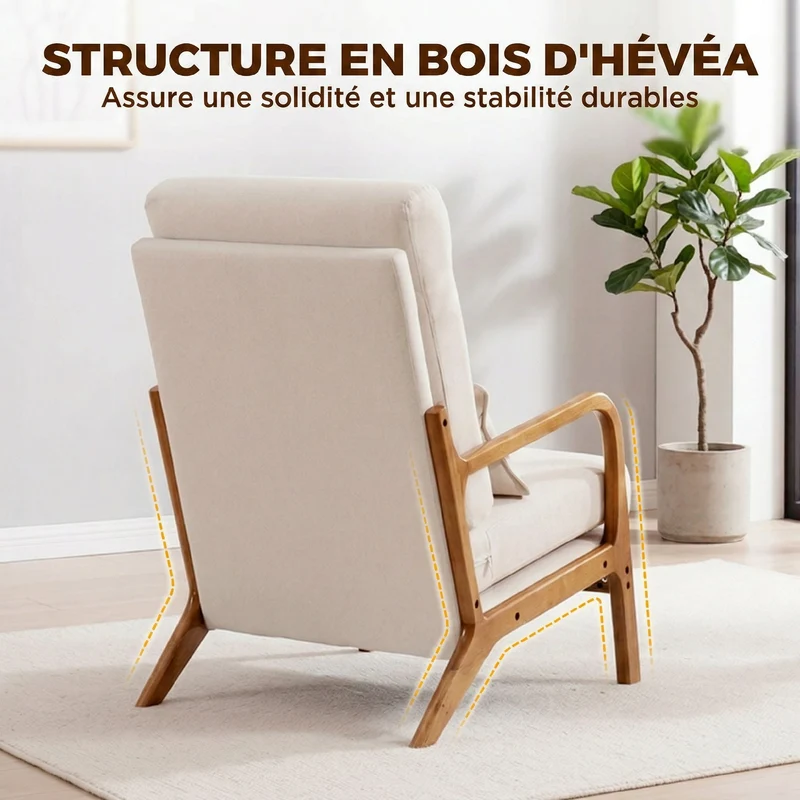 Fauteuil de salon d'appoint rembourré dossier haut soutien lombaire 64 x 86 x 93 cm assise large moderne en tissu crème 21_0003670