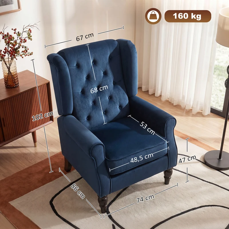 Fauteuil capitonné salon assise large rembourrée confort supérieur classique 74 x 86 x 102 cm en polyester bleu foncé 21_0001765