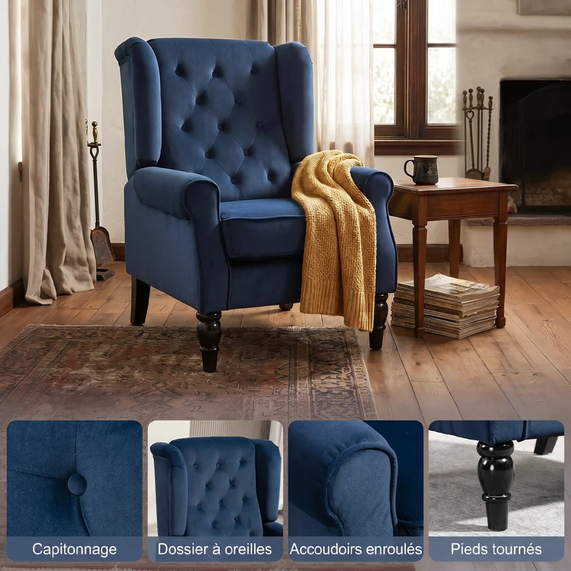 Fauteuil capitonné salon assise large rembourrée confort supérieur classique 74 x 86 x 102 cm en polyester bleu foncé 21_0001765