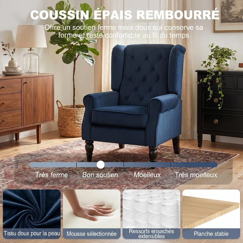 Fauteuil capitonné salon assise large rembourrée confort supérieur classique 74 x 86 x 102 cm en polyester bleu foncé 21_0001765