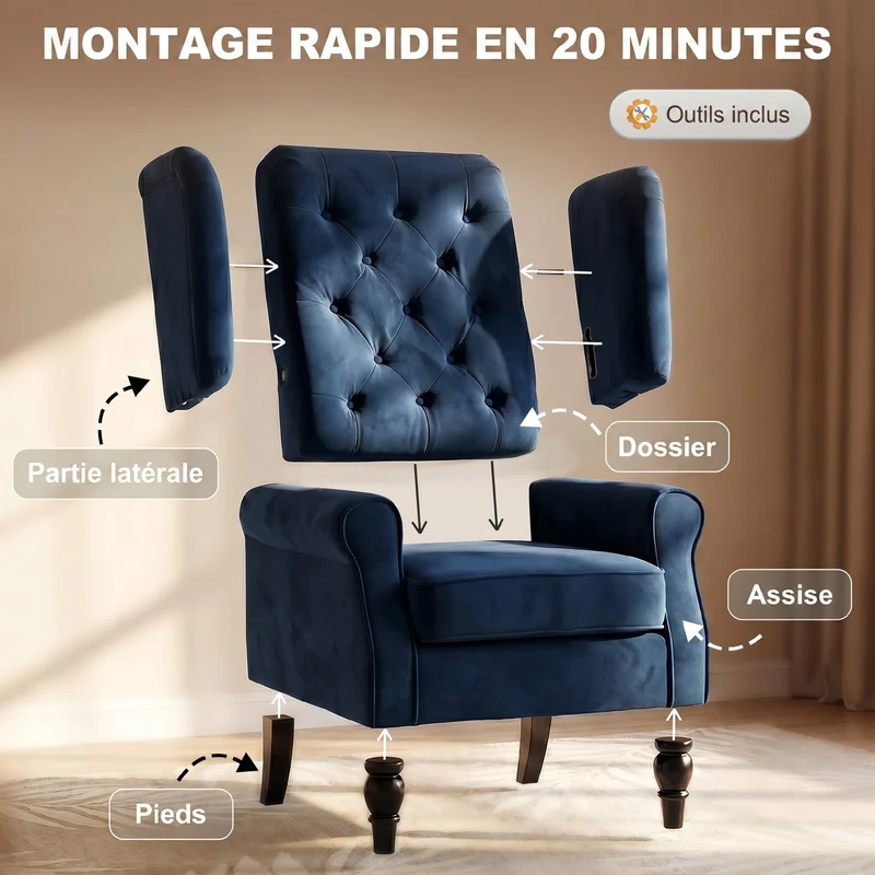 Fauteuil capitonné salon assise large rembourrée confort supérieur classique 74 x 86 x 102 cm en polyester bleu foncé 21_0001765