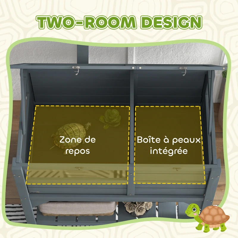 Enclos pour tortues surélevé double espace 84 x 51 x 103 cm plateau coulissant pratique étagère contemporain en bois gris 21_0007834