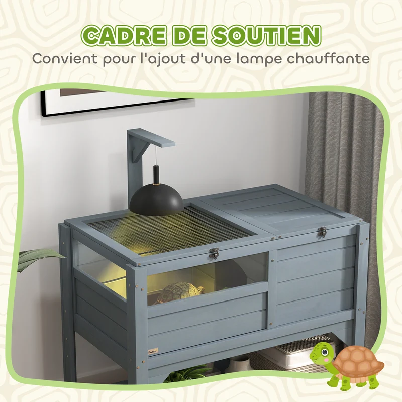 Enclos pour tortues surélevé double espace 84 x 51 x 103 cm plateau coulissant pratique étagère contemporain en bois gris 21_0007834