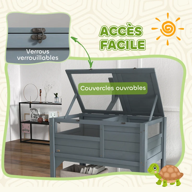 Enclos pour tortues surélevé double espace 84 x 51 x 103 cm plateau coulissant pratique étagère contemporain en bois gris 21_0007834