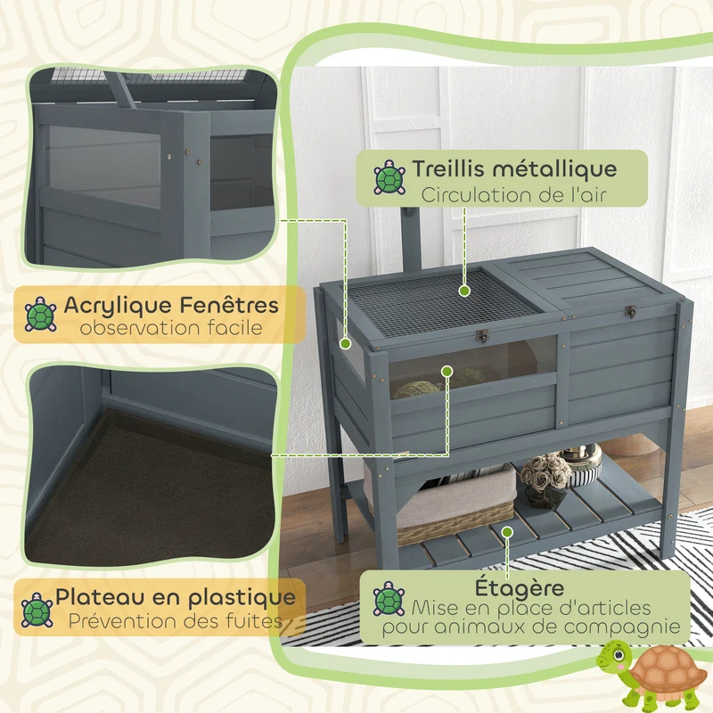 Enclos pour tortues surélevé double espace 84 x 51 x 103 cm plateau coulissant pratique étagère contemporain en bois gris 21_0007834