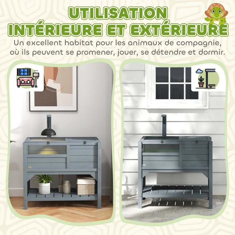 Enclos pour tortues surélevé double espace 84 x 51 x 103 cm plateau coulissant pratique étagère contemporain en bois gris 21_0007834