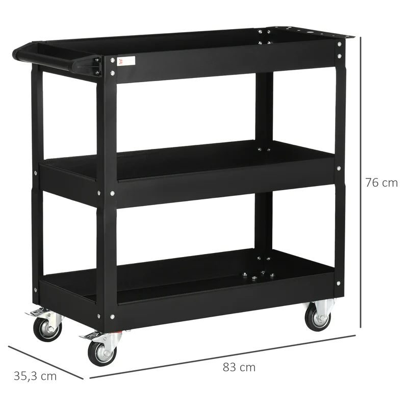 Chariot desserte atelier 83 x 35,3 x 76 cm 3 plateaux rangement déplacement facile industriel contemporain en acier noir 21_0006981