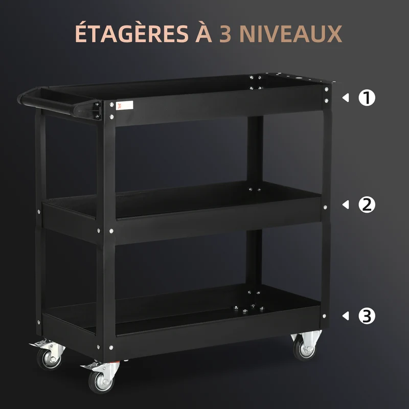 Chariot desserte atelier 83 x 35,3 x 76 cm 3 plateaux rangement déplacement facile industriel contemporain en acier noir 21_0006981