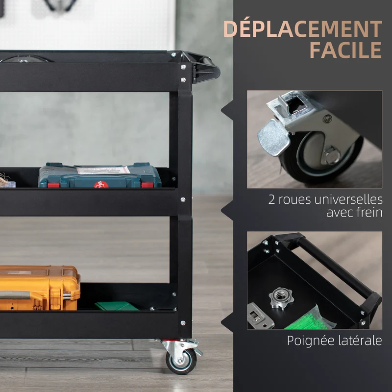 Chariot desserte atelier 83 x 35,3 x 76 cm 3 plateaux rangement déplacement facile industriel contemporain en acier noir 21_0006981