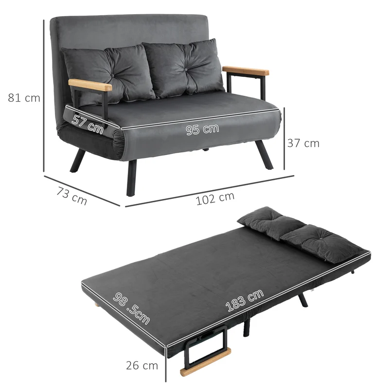 Canapé convertible 2 places lit 102 x 73 x 81 cm dossier réglable en 5 positions 2 coussins moderne en polyester gris 21_0003140
