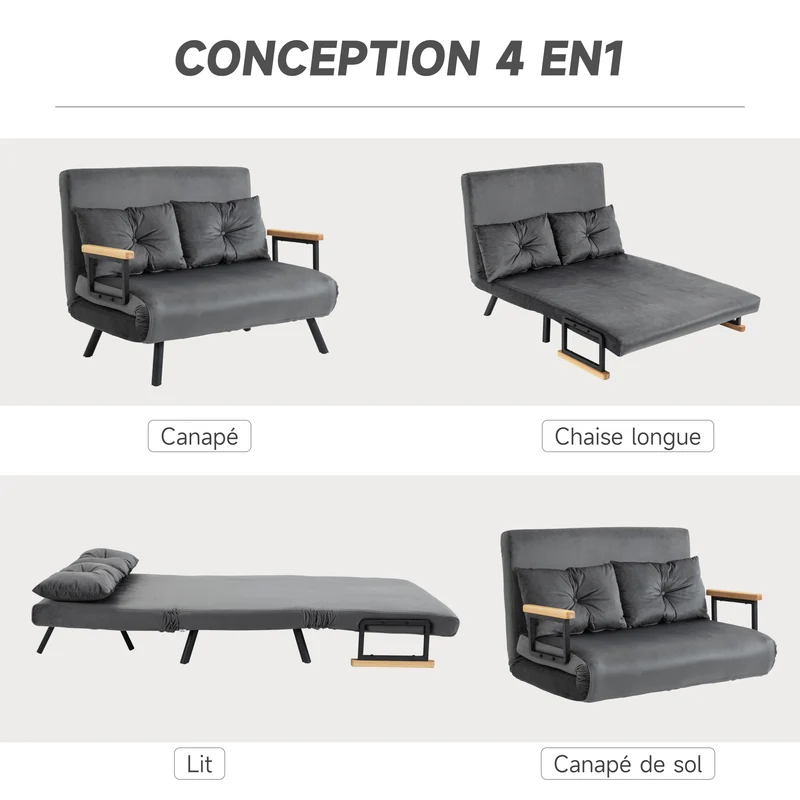 Canapé convertible 2 places lit 102 x 73 x 81 cm dossier réglable en 5 positions 2 coussins moderne en polyester gris 21_0003140