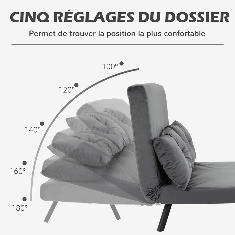 Canapé convertible 2 places lit 102 x 73 x 81 cm dossier réglable en 5 positions 2 coussins moderne en polyester gris 21_0003140