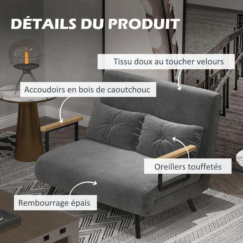 Canapé convertible 2 places lit 102 x 73 x 81 cm dossier réglable en 5 positions 2 coussins moderne en polyester gris 21_0003140