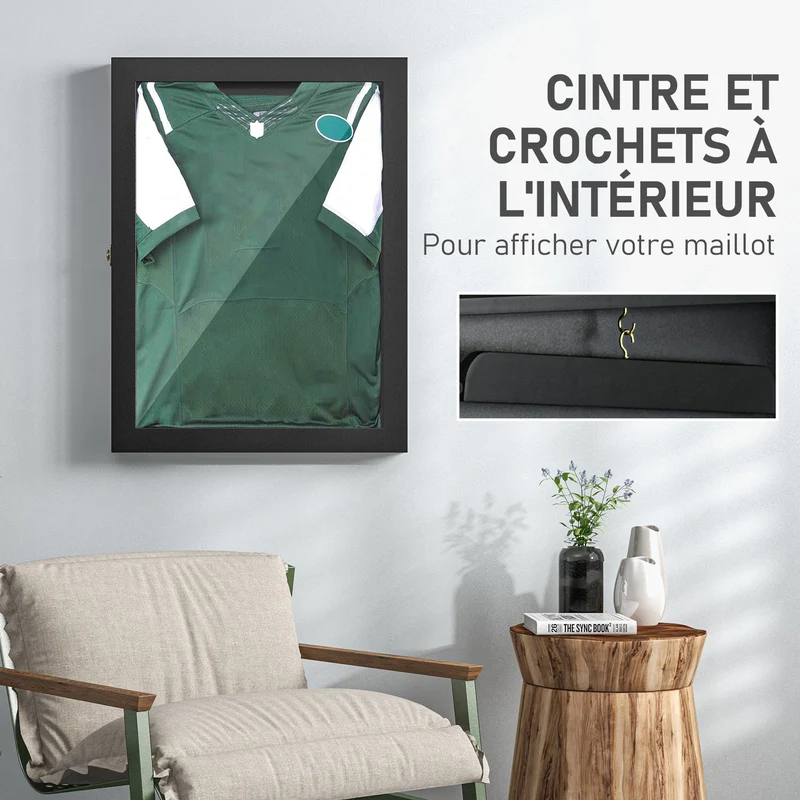 Cadre vitrine pour maillot mural 71 x 6.5 x 89 cm anti-poussière fond feutré crochet intérieur contemporain en bois noir 21_0006964